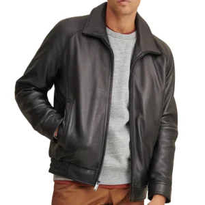 Black Waist Length Leather Bomber Jacket