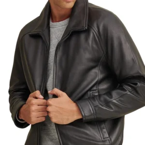 Black Waist Length Leather Bomber Jacket